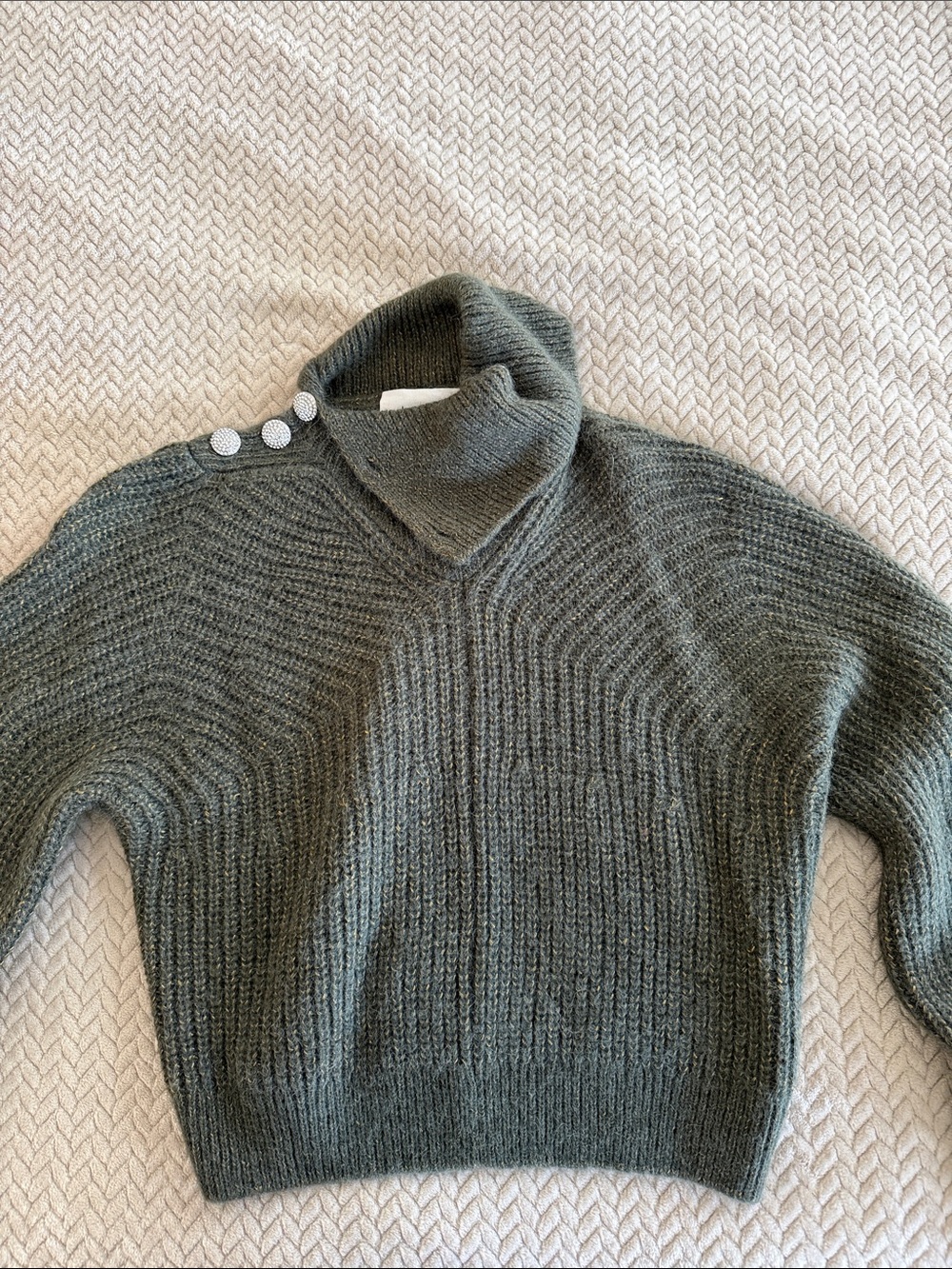 ba&sh Olive Green Ribbed Funnel Neck Sweater with Shoulder Buttons